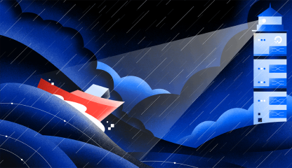 The commissioned illustration: a small red boat pitching in dark blue water under driving rain, with a lighthouse on the right throwing a single beam across the waves toward it.
