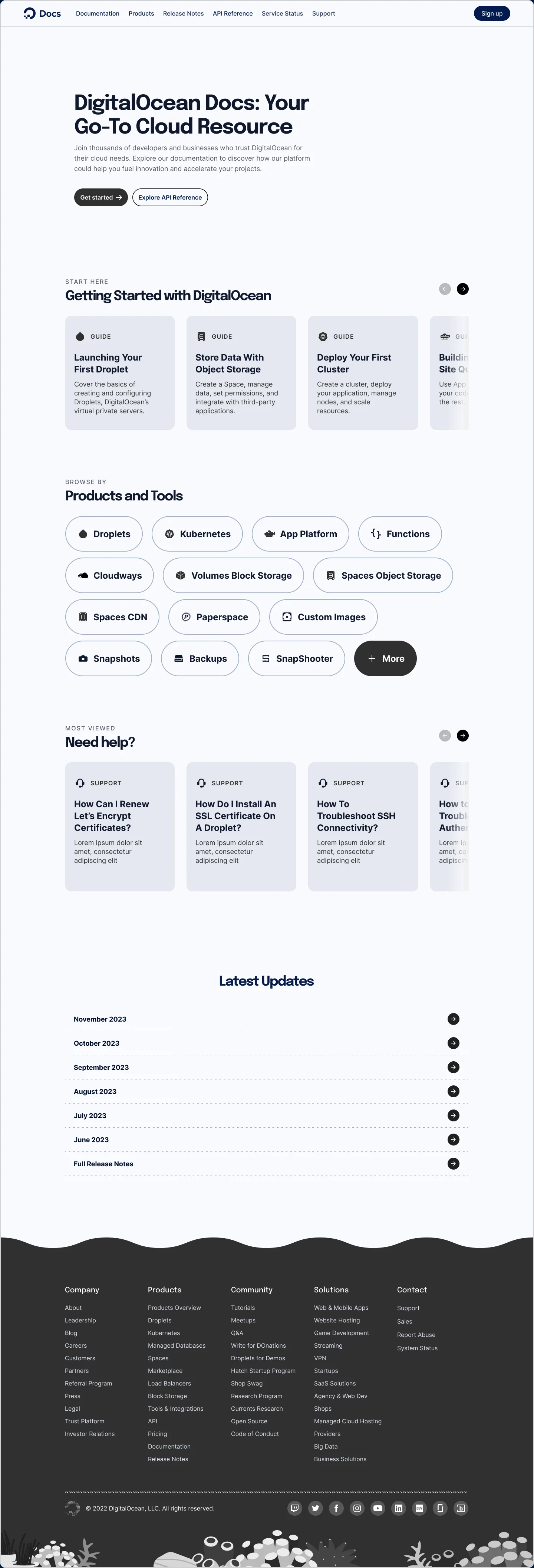 Concept 1 home page: a hero, a Getting Started row of guide cards, a Products and Tools grid of pills, a Need help row of support cards, and the latest release notes.