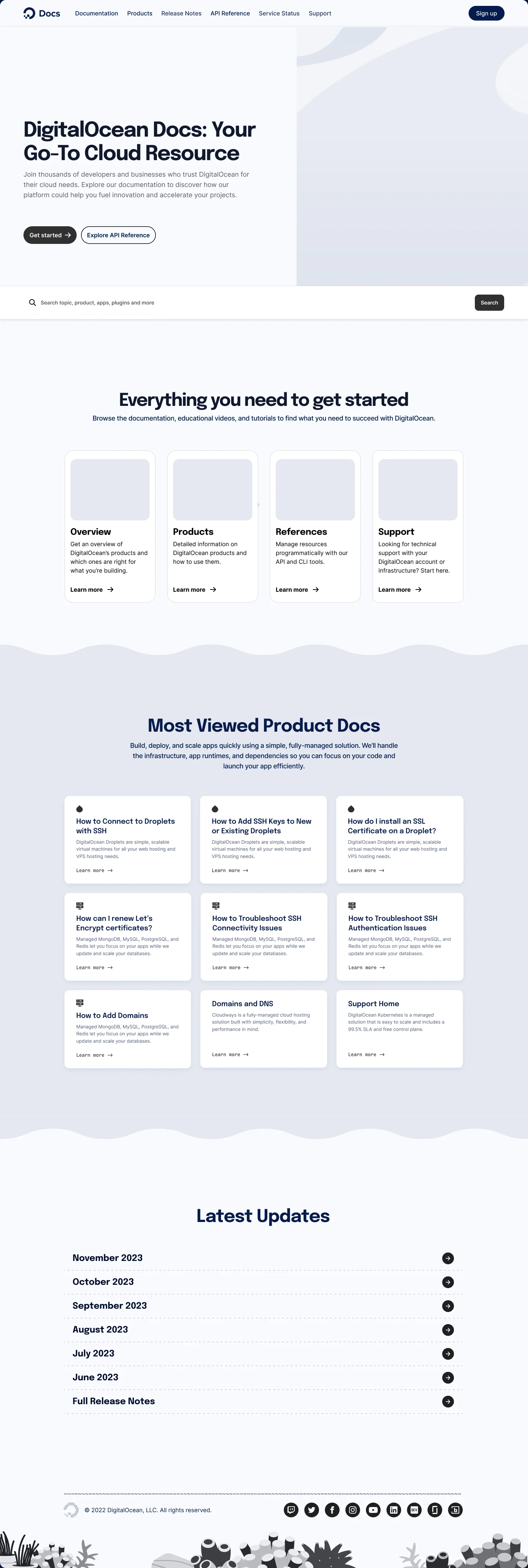 Concept 2 home: a hero, a full-width search field, four getting-started cards, then a grid of the most viewed product docs.