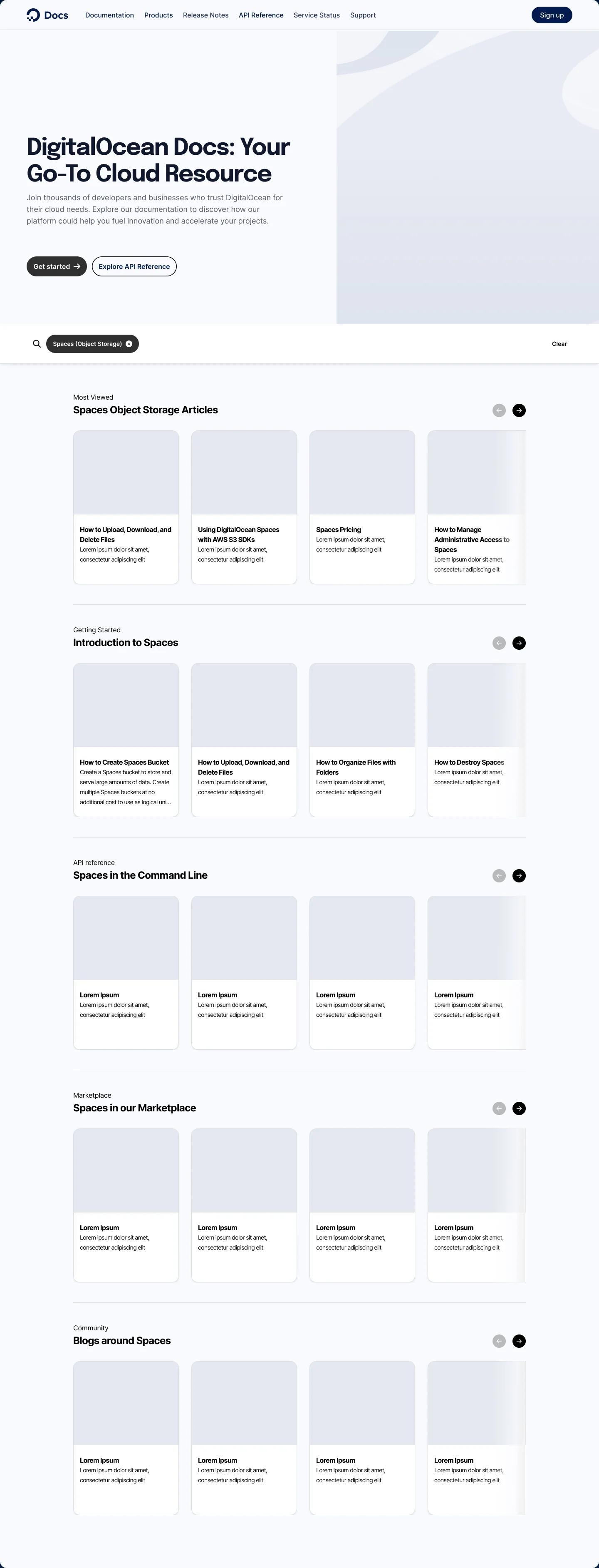 The page after choosing Spaces: the search field now holds a Spaces filter pill, and the whole page below has rebuilt itself into Spaces articles, an introduction, command line reference, marketplace entries and community posts.