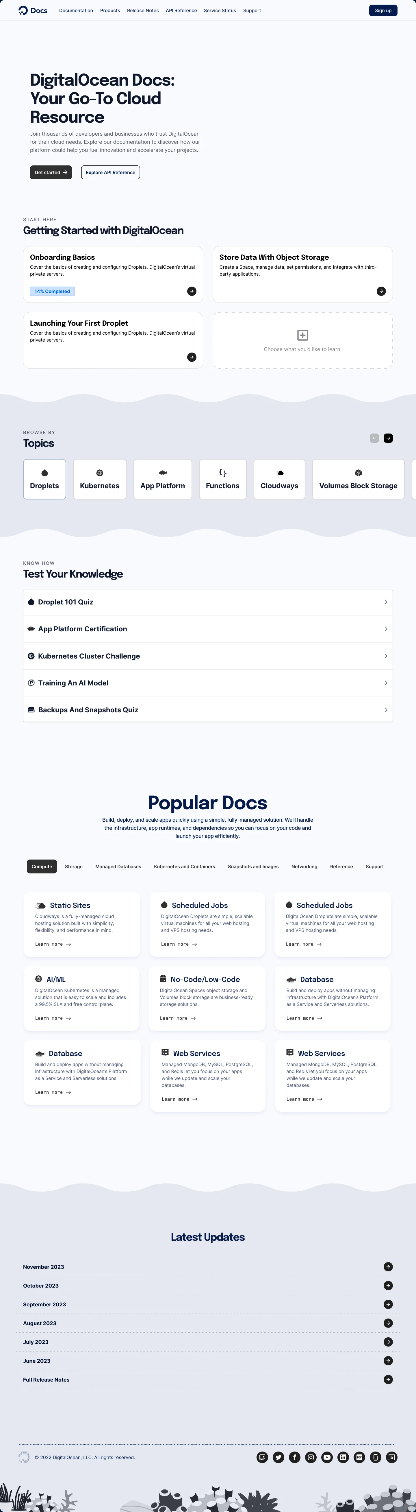 Concept 3 home: getting-started cards carrying progress bars, one reading 14% Completed, beside an empty card inviting you to choose what to learn; then a Topics row, a Test Your Knowledge list of quizzes and certifications, and Popular Docs under category tabs.