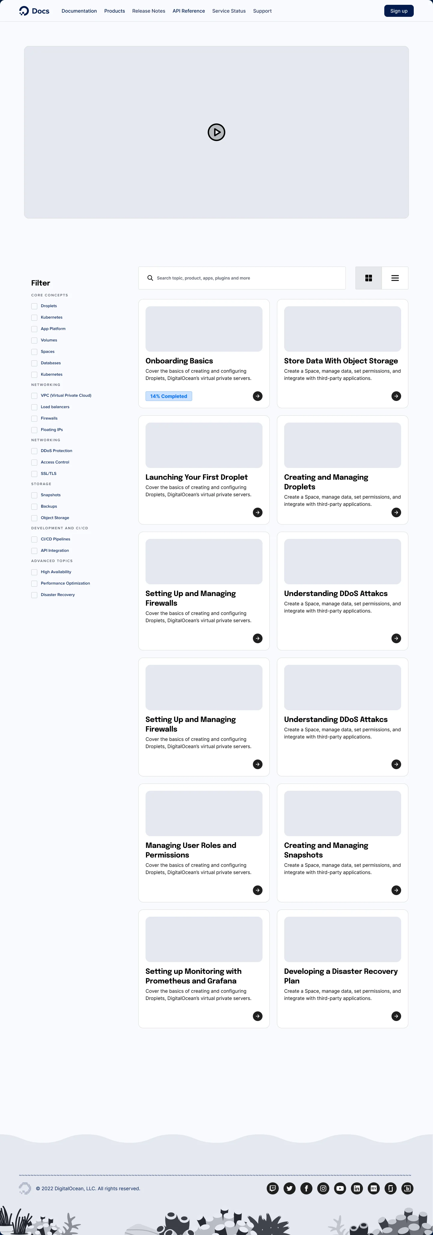 The library it opens: a filter rail down the left grouping Core Concepts, Networking, Storage, Development and CI/CD and Advanced Topics as checkboxes, a search field with grid and list views, and a grid of lessons each carrying its own progress.
