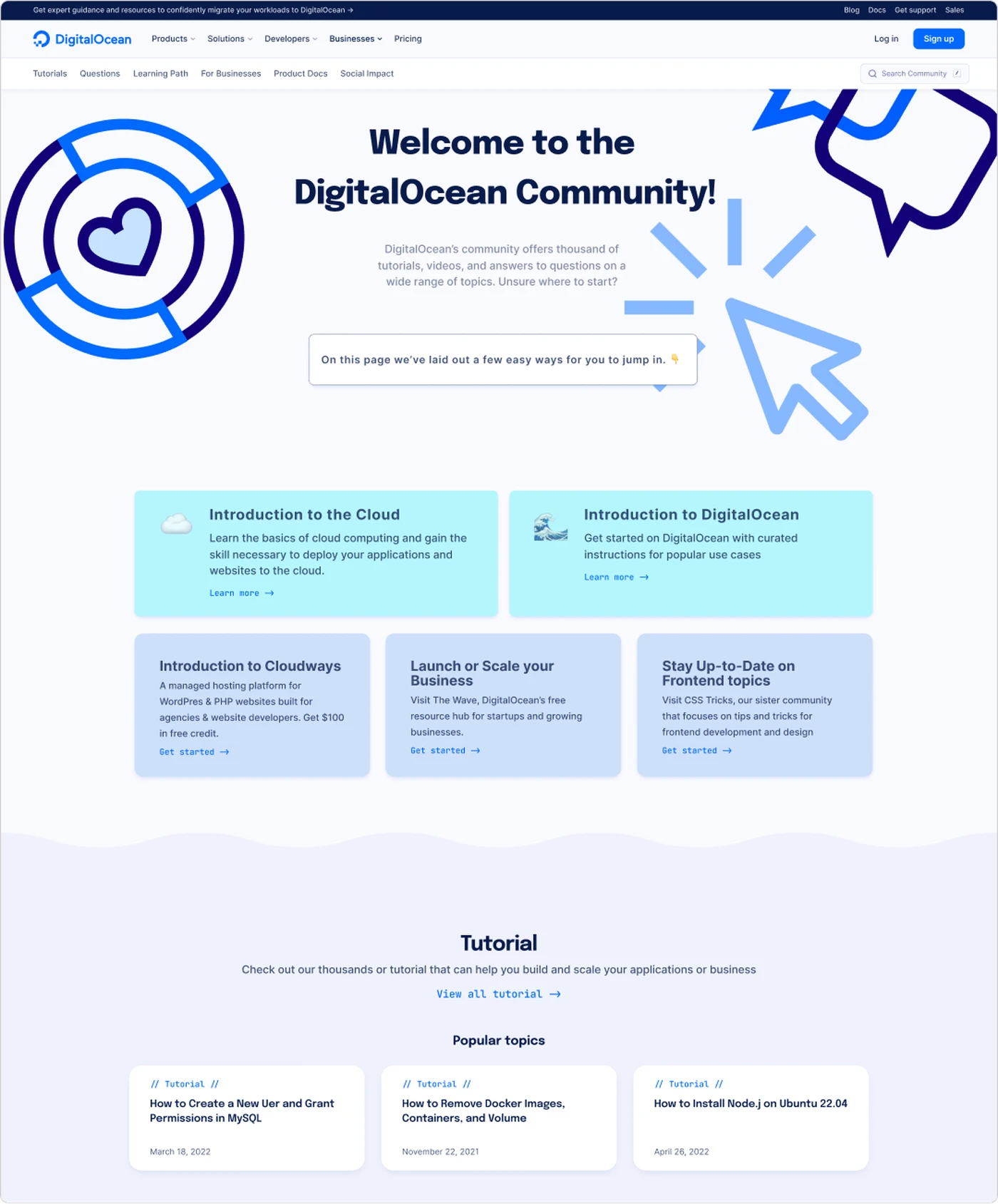The redesigned DigitalOcean Community: the same wordmark bar and product navigation, its own sub-navigation and search, then a welcome hero and cards leading into tutorials.
