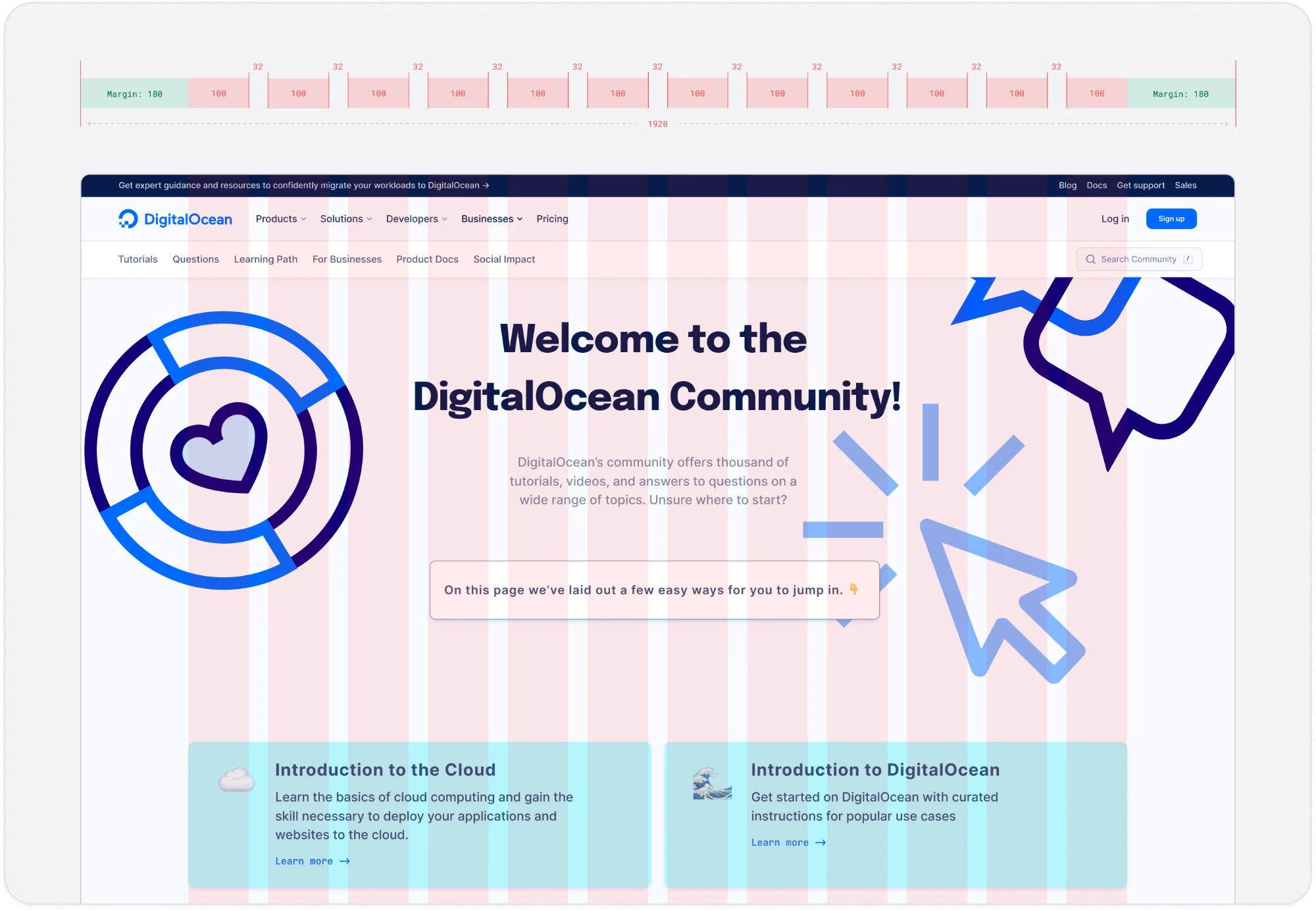 The DigitalOcean Community page with the same 12-column grid drawn over it, its hero and card rows sitting on the same columns.