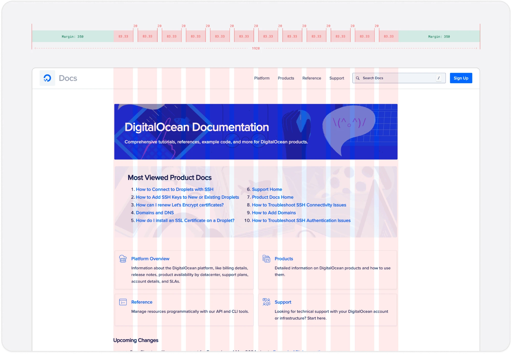 The old Product Documentation home page with its own 12-column grid drawn over it: wider margins, narrower columns, and the content sitting in a visibly tighter band than Blog or Community.