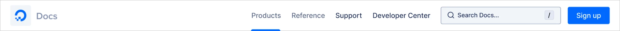 Product Documentation before the redesign: a single row with a Docs wordmark, then Products, Reference, Support and Developer Center, a search field and a Sign up button.