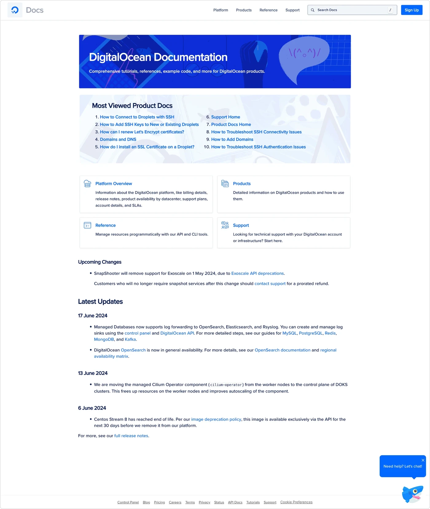 Product Documentation before the redesign: a plain Docs wordmark and a single row of links, a blue banner, a most-viewed list, four category cards and a long changelog.