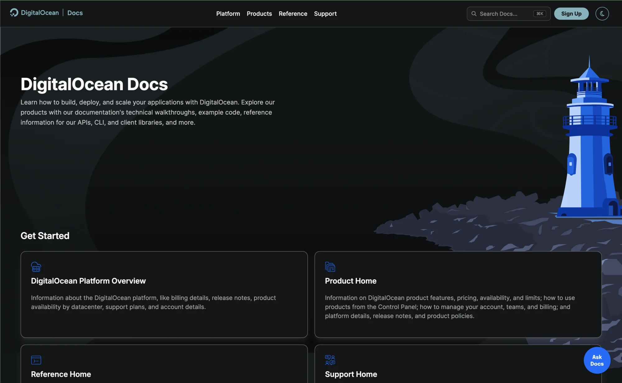 Documentation as it is today: a DigitalOcean Docs lockup, a single row of links reading Platform, Products, Reference and Support, and the lighthouse lit evenly with no beam.