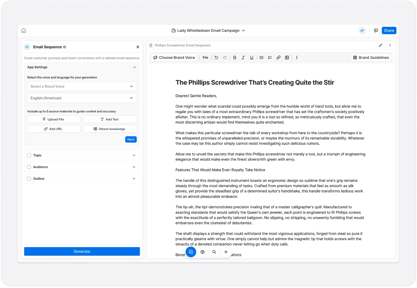 An Email Sequence app open inside a campaign document called Lady Whistledown Email Campaign. The left panel carries the same App Settings section, with the brand voice, the language and four ways to add source materials, above collapsed Topic, Audience and Outline steps. The editor alongside holds the generated copy, opening “Dearest Gentle Readers”, with its own Choose Brand Voice control in the toolbar.