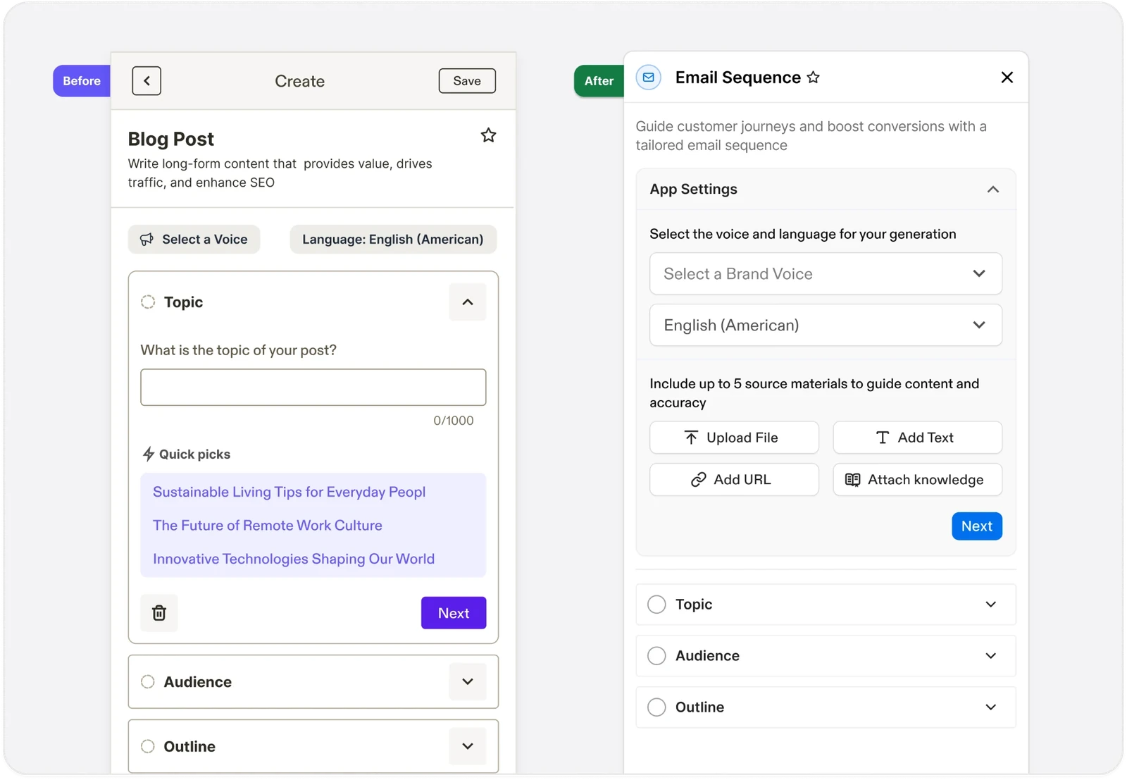 Before and after. Before: the Blog Post app, with a Select a Voice chip beside a language chip above an expanded Topic step. After: the Email Sequence app opening on an App Settings section that holds the brand voice, the language and four ways to add source materials, with Topic, Audience and Outline collapsed below it.