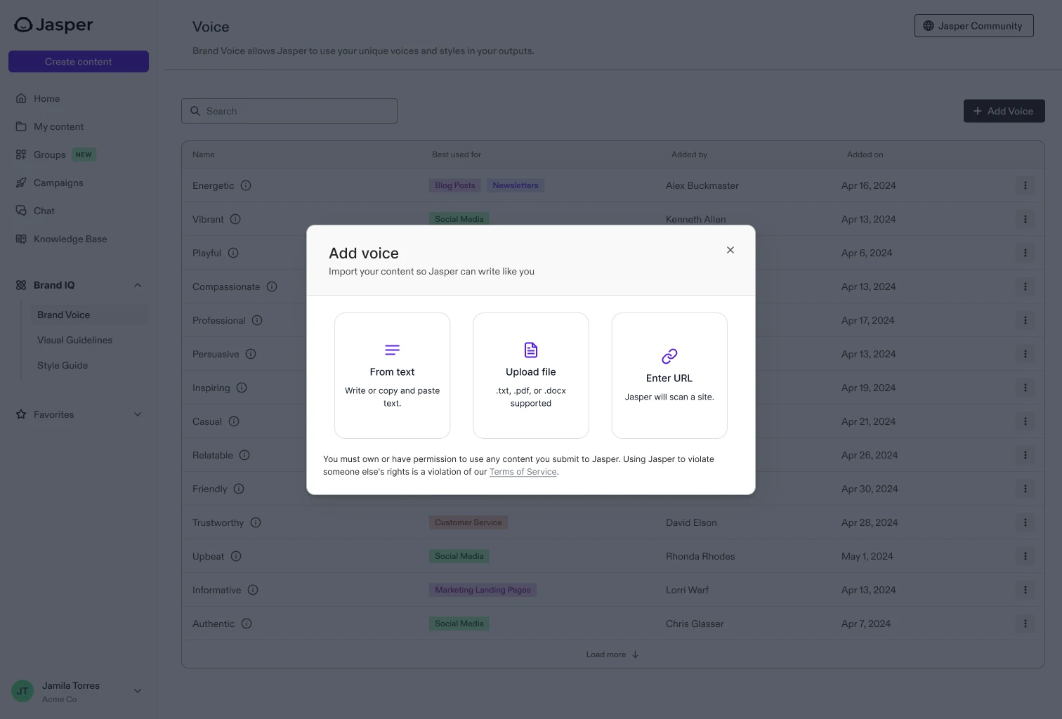 The Add voice modal with three options: from text, upload file, or enter URL.