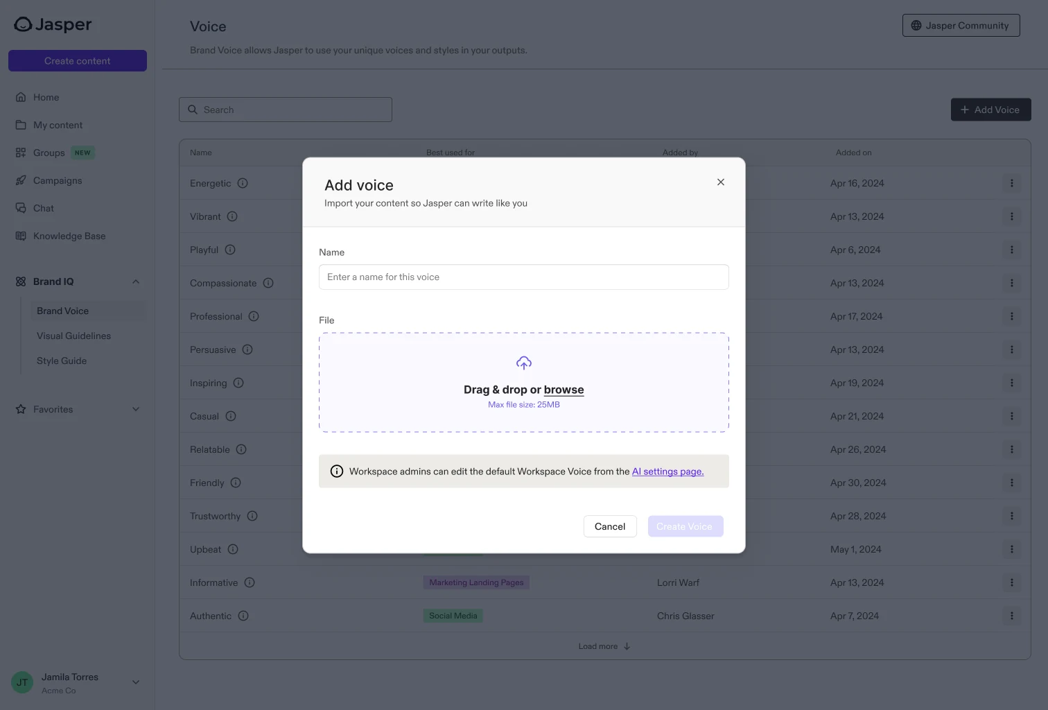 The upload form: a name field and a single file dropzone with a 25MB limit.