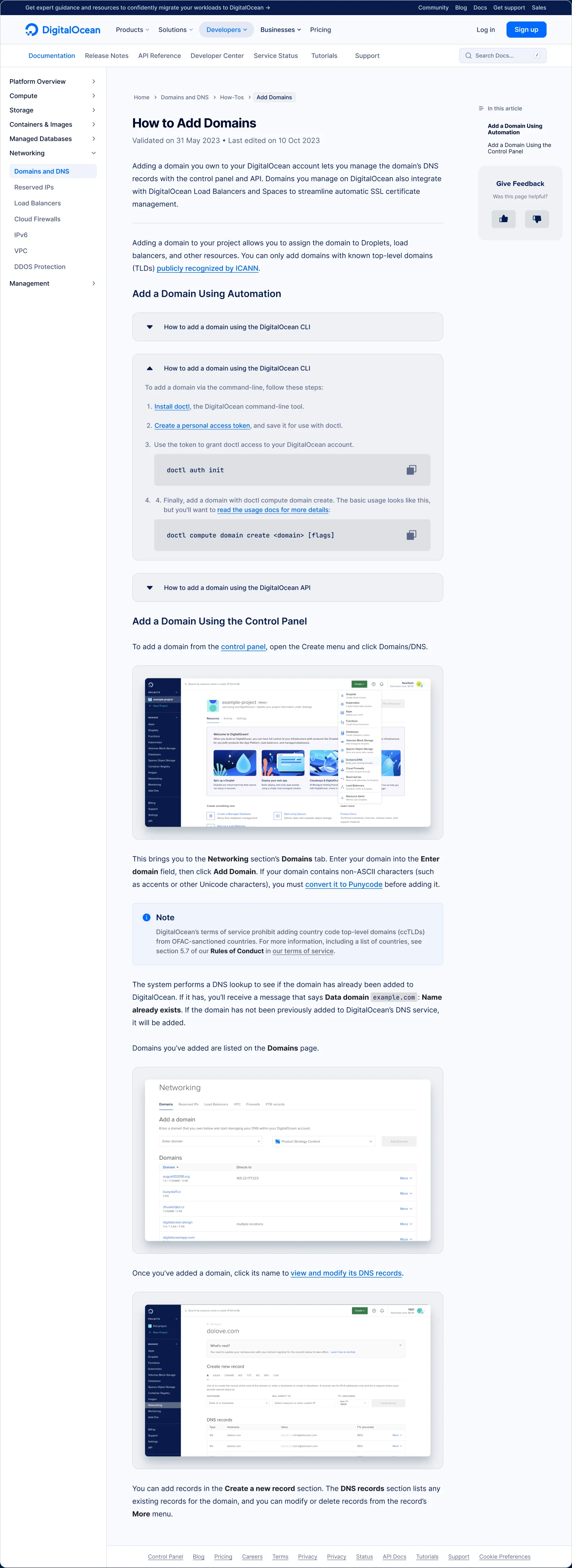 An article page: the product tree down the left with Networking open on Domains and DNS, the body with collapsible CLI and API sections, copyable commands, screenshots and a note callout, and an In this article rail with a feedback widget on the right.