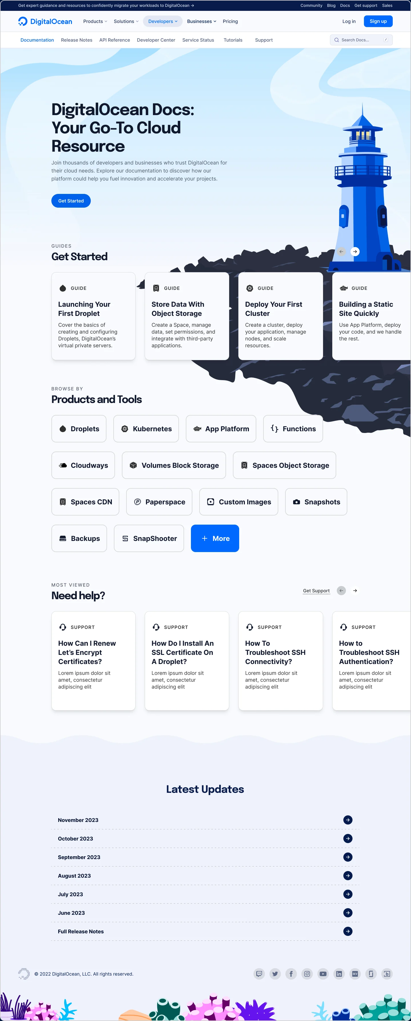 The finished home page: the full DigitalOcean navigation with its top hat, the lighthouse hero with the beam across the guide cards, a Products and Tools grid, a Need help row, release notes, and the coral footer.