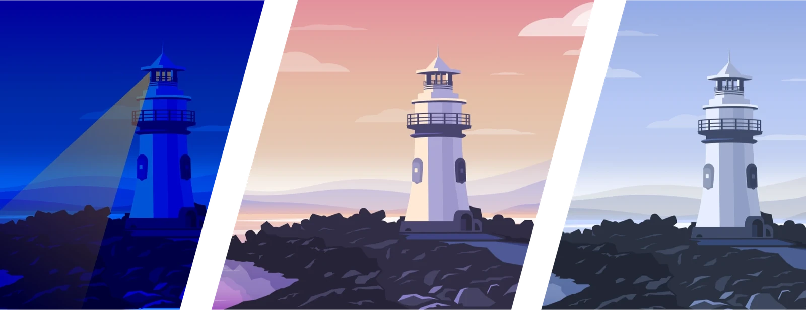The same lighthouse illustration in three light levels, cut into diagonal panels: night, with the beam sweeping left across dark blue water; dusk, under a coral and gold sky; and day, pale blue with the tower in full daylight and no beam at all.