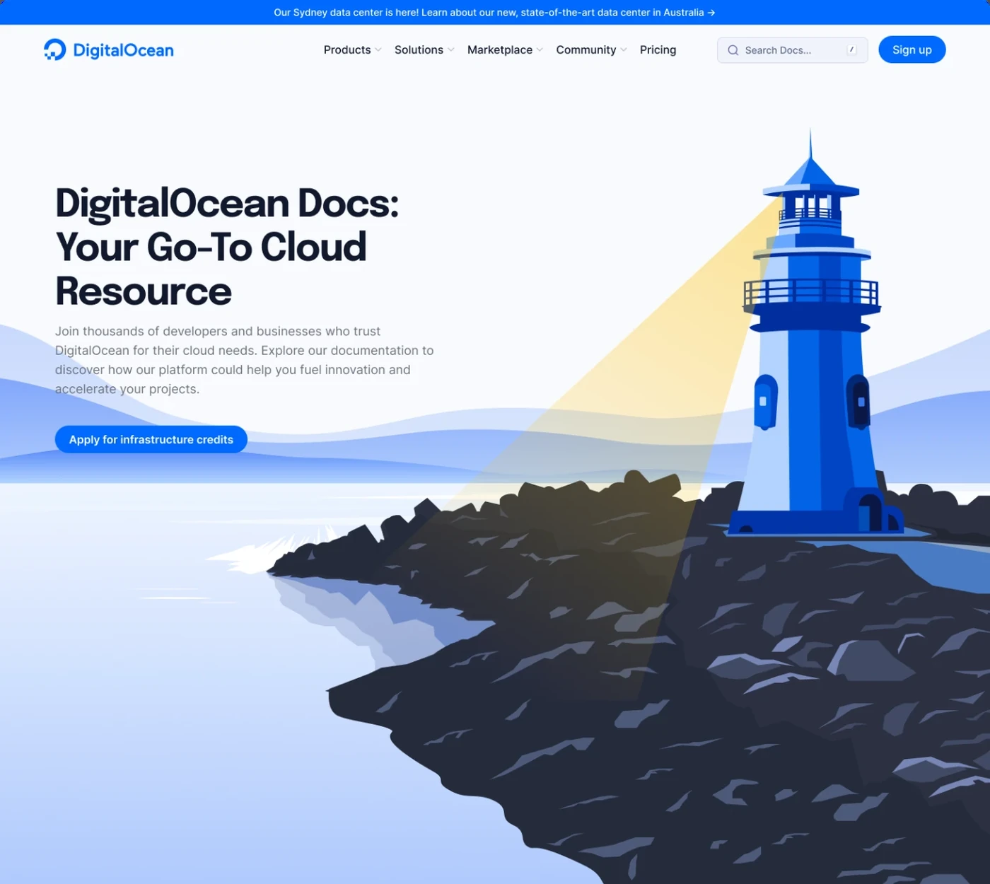 Day v2: the full company navigation over a bright blue sea, the page at its most corporate.
